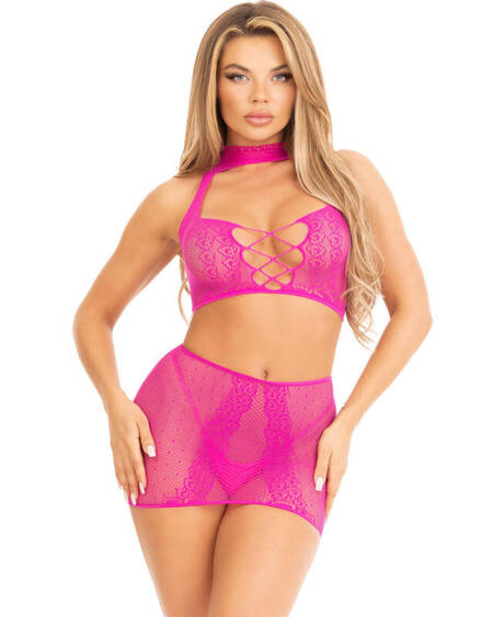 LEG AVENUE - TOP  FALDA DE ENCAJE ABIERTO FUCSIA